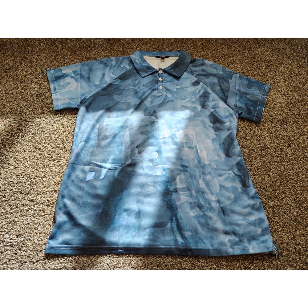 NWT Ouku Men Blue Abstract Cloud Print Short Sleeve Performance Polo Shirt Large